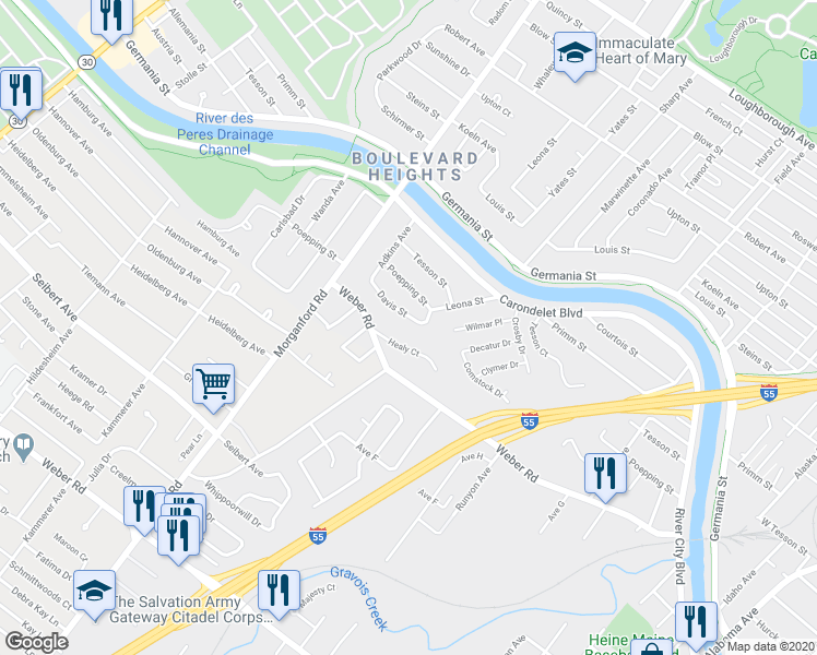 map of restaurants, bars, coffee shops, grocery stores, and more near 4104 Healy Court in St. Louis
