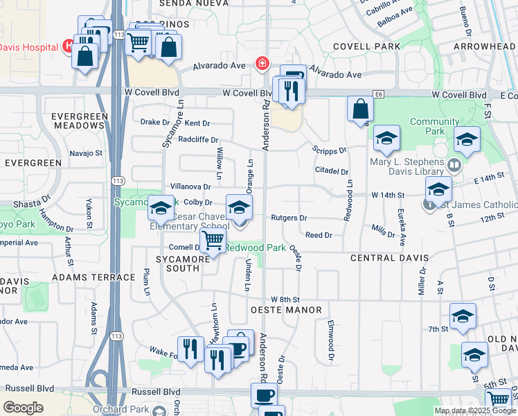 map of restaurants, bars, coffee shops, grocery stores, and more near 1309 Anderson Road in Davis