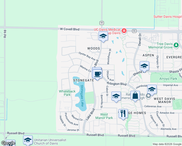 map of restaurants, bars, coffee shops, grocery stores, and more near 1303 Lake Boulevard in Davis