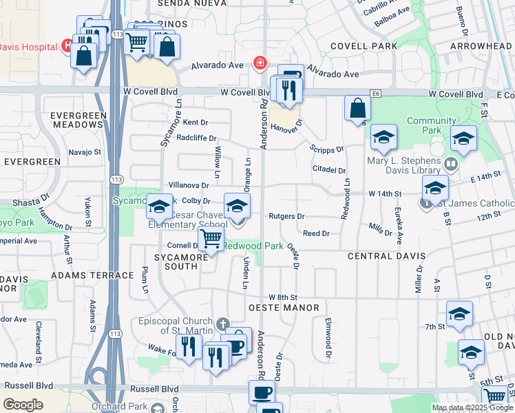 map of restaurants, bars, coffee shops, grocery stores, and more near 1307 Anderson Road in Davis