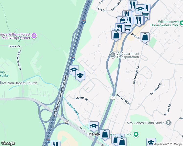 map of restaurants, bars, coffee shops, grocery stores, and more near 5023 Potomac Highlands Circle in Triangle