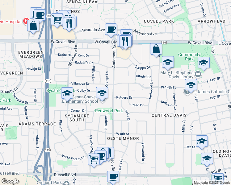 map of restaurants, bars, coffee shops, grocery stores, and more near 1308 Anderson Road in Davis