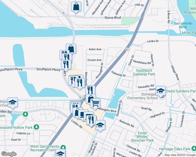 map of restaurants, bars, coffee shops, grocery stores, and more near 2321 Kinsington Street in West Sacramento