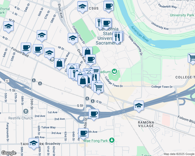 map of restaurants, bars, coffee shops, grocery stores, and more near 6429 Elvas Avenue in Sacramento