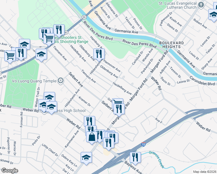 map of restaurants, bars, coffee shops, grocery stores, and more near 4630 Heidelberg Avenue in St. Louis