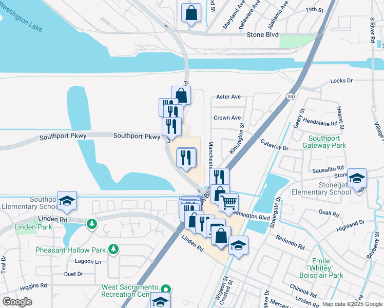 map of restaurants, bars, coffee shops, grocery stores, and more near 2240 Lake Washington Boulevard in West Sacramento