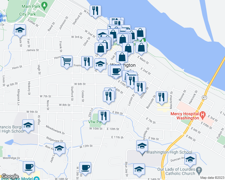 map of restaurants, bars, coffee shops, grocery stores, and more near 610 Jefferson Street in Washington