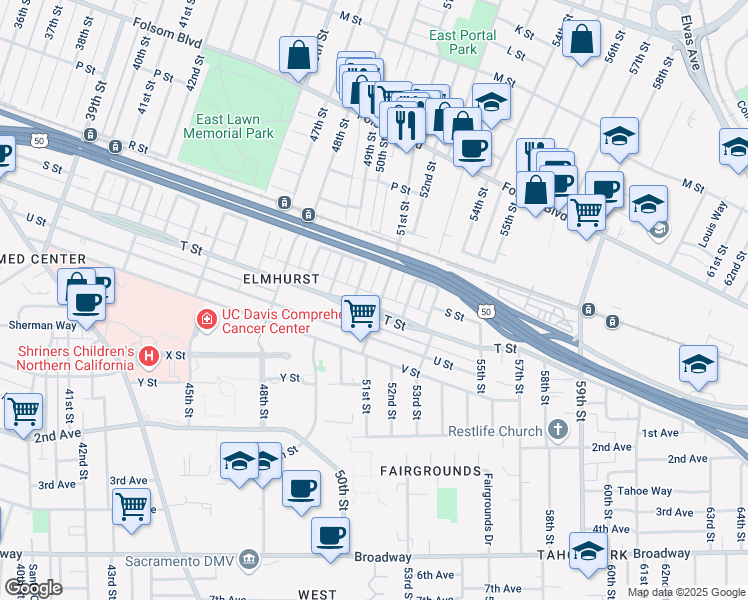 map of restaurants, bars, coffee shops, grocery stores, and more near 1865 50th Street in Sacramento