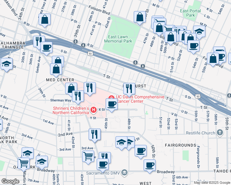 map of restaurants, bars, coffee shops, grocery stores, and more near 4533 U Street in Sacramento
