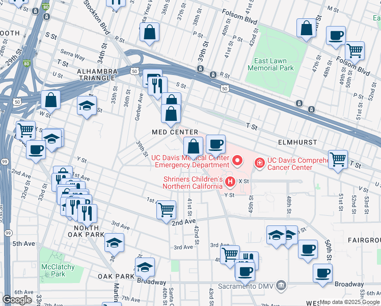 map of restaurants, bars, coffee shops, grocery stores, and more near 2245 Stockton Boulevard in Sacramento