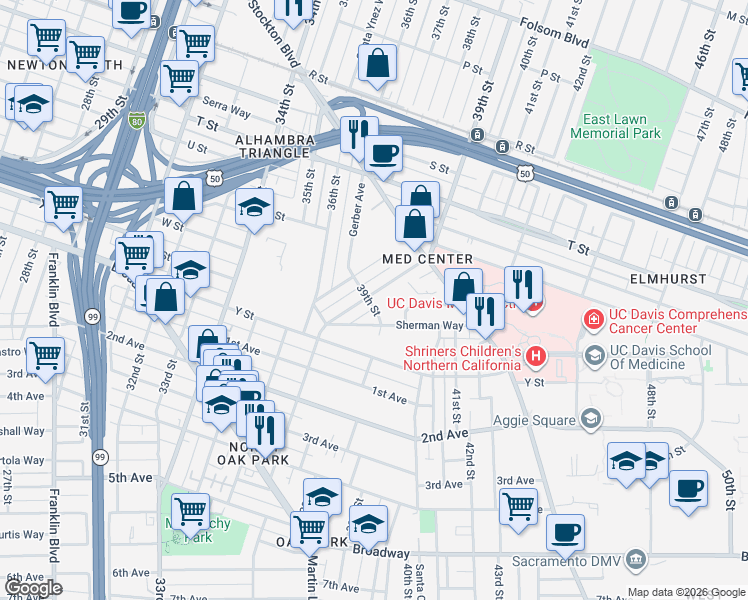 map of restaurants, bars, coffee shops, grocery stores, and more near 3912 Downey Way in Sacramento