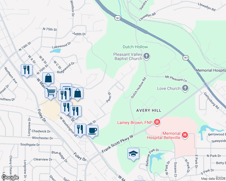 map of restaurants, bars, coffee shops, grocery stores, and more near 526 Penn Street in Belleville
