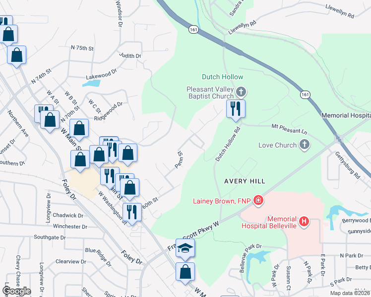 map of restaurants, bars, coffee shops, grocery stores, and more near 526 Penn Street in Belleville