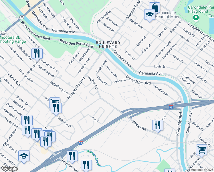 map of restaurants, bars, coffee shops, grocery stores, and more near 4108 Davis Street in St. Louis