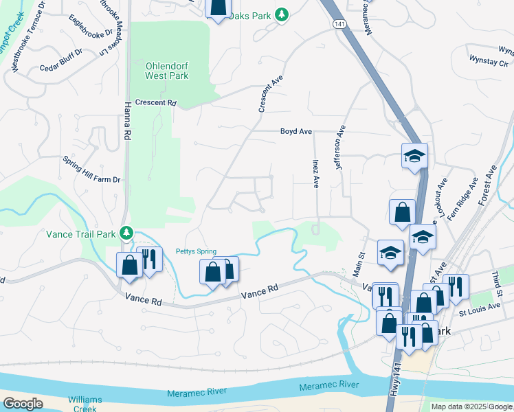 map of restaurants, bars, coffee shops, grocery stores, and more near 120 Patricia Hill Drive in Valley Park