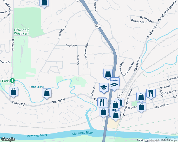 map of restaurants, bars, coffee shops, grocery stores, and more near 100 Jefferson Avenue in Valley Park