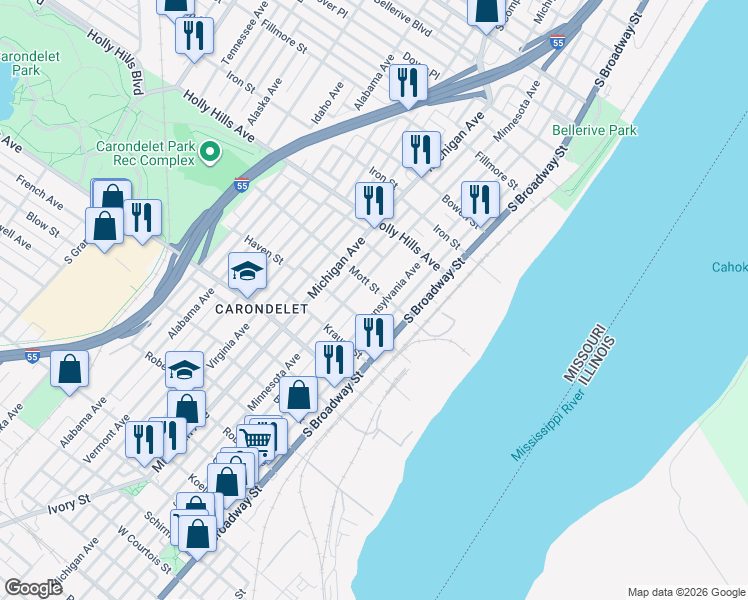 map of restaurants, bars, coffee shops, grocery stores, and more near 6530 Minnesota Avenue in St. Louis