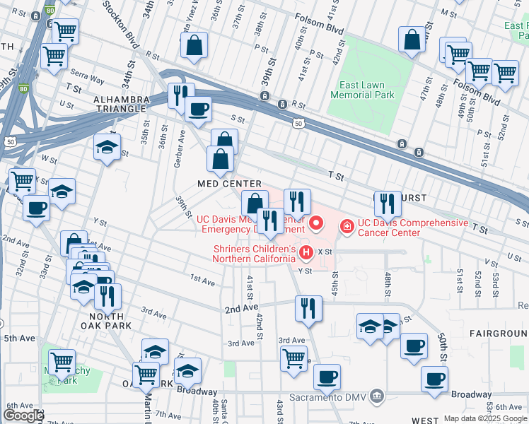 map of restaurants, bars, coffee shops, grocery stores, and more near 2245 Stockton Boulevard in Sacramento