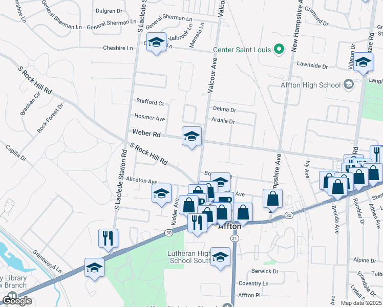 map of restaurants, bars, coffee shops, grocery stores, and more near 6930 Weber Road in Affton
