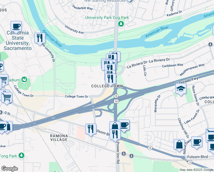 map of restaurants, bars, coffee shops, grocery stores, and more near La Riviera Drive & College Town Drive in Sacramento