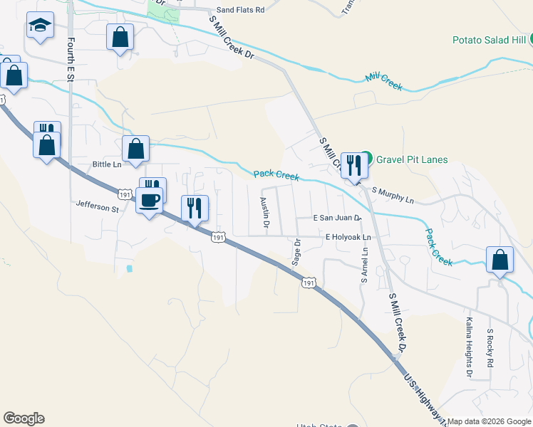 map of restaurants, bars, coffee shops, grocery stores, and more near Austin Court in Moab
