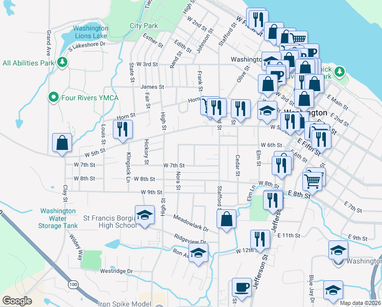 map of restaurants, bars, coffee shops, grocery stores, and more near 705 West 6th Street in Washington