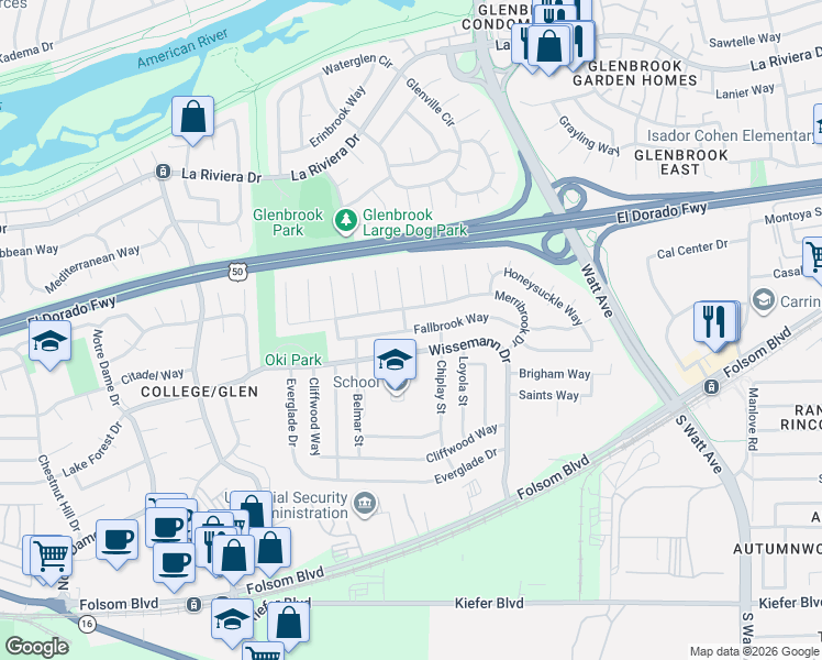 map of restaurants, bars, coffee shops, grocery stores, and more near 2840 Symphony Court in Sacramento