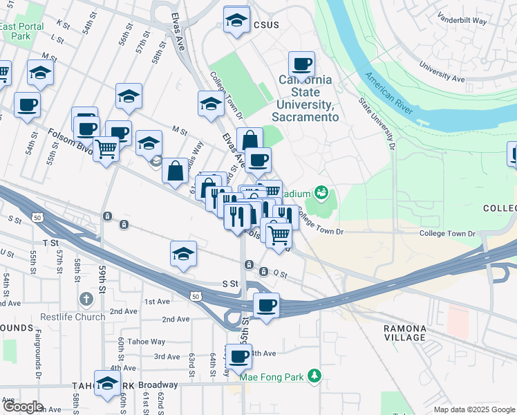 map of restaurants, bars, coffee shops, grocery stores, and more near 6429 Elvas Avenue in Sacramento