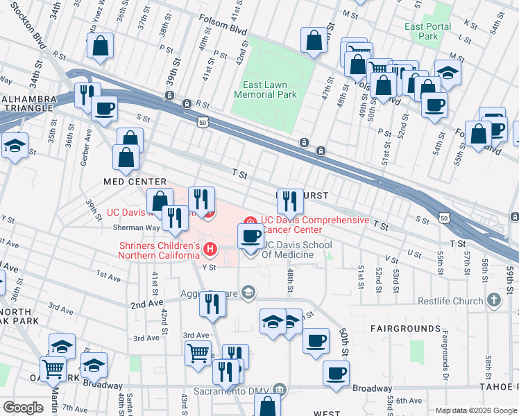 map of restaurants, bars, coffee shops, grocery stores, and more near 4533 U Street in Sacramento