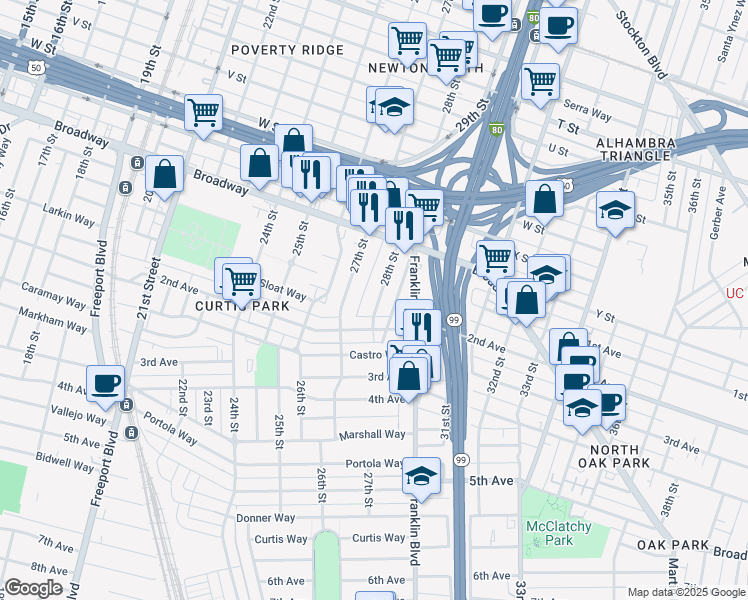 map of restaurants, bars, coffee shops, grocery stores, and more near 2604 28th Street in Sacramento