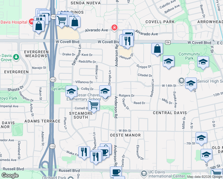 map of restaurants, bars, coffee shops, grocery stores, and more near 710 Villanova Drive in Davis