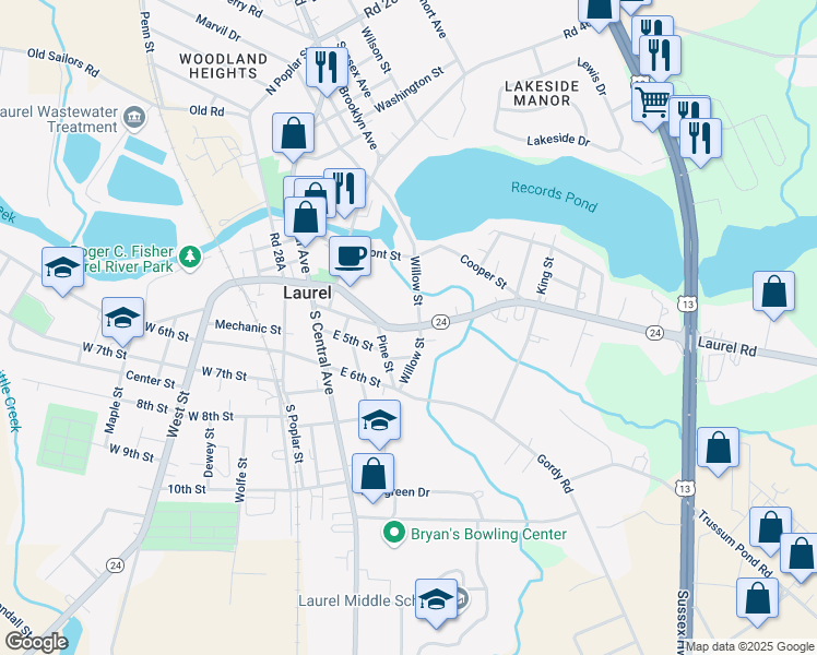 map of restaurants, bars, coffee shops, grocery stores, and more near Delaware 24 in Laurel
