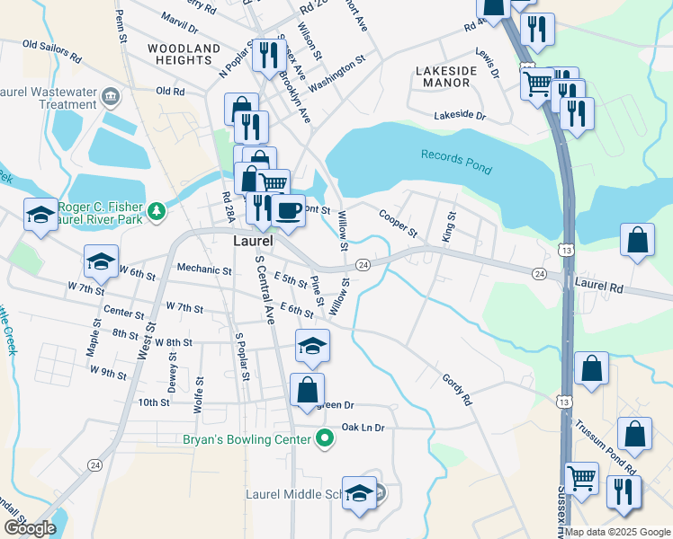map of restaurants, bars, coffee shops, grocery stores, and more near 465 Highway 24 in Laurel