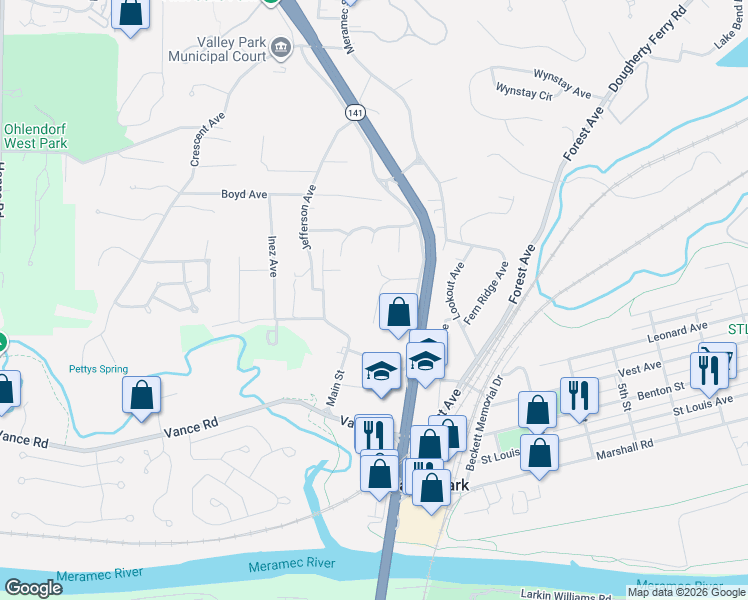 map of restaurants, bars, coffee shops, grocery stores, and more near 54 Cheryl Lane in Valley Park