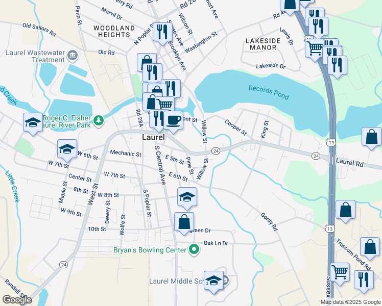 map of restaurants, bars, coffee shops, grocery stores, and more near Delaware 24 in Laurel