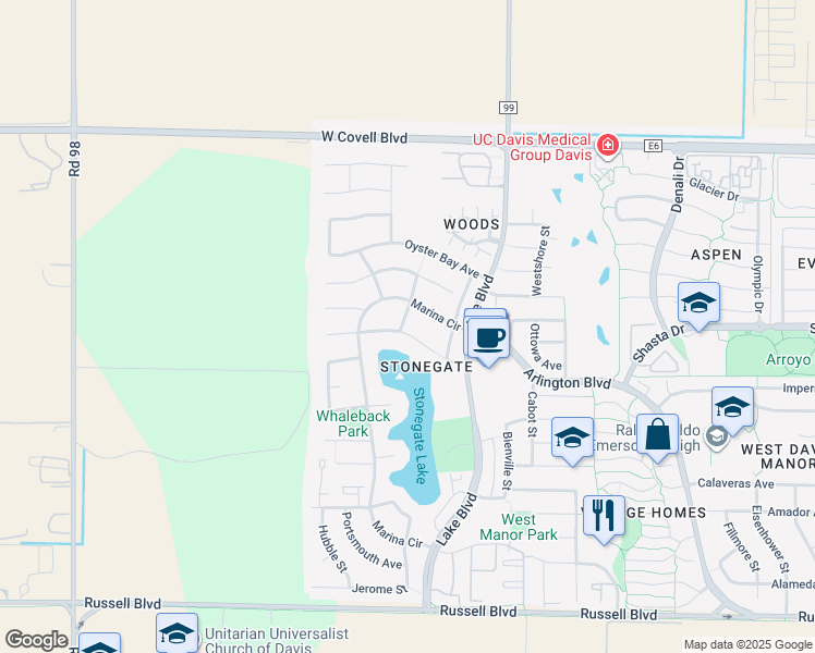 map of restaurants, bars, coffee shops, grocery stores, and more near 3133 Shelter Cove Place in Davis