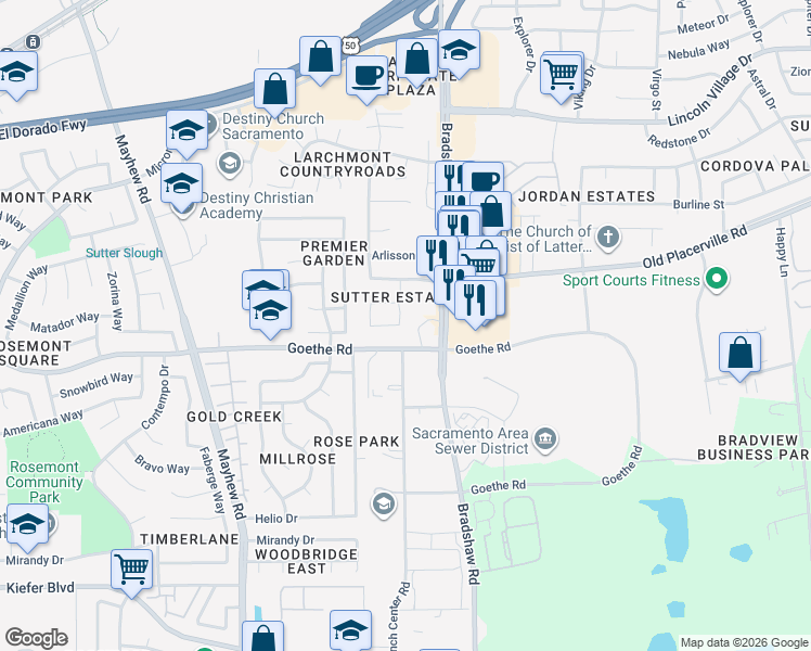 map of restaurants, bars, coffee shops, grocery stores, and more near 3616 Sutterwoods Way in Sacramento