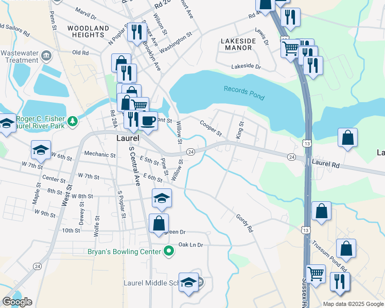 map of restaurants, bars, coffee shops, grocery stores, and more near 510 Delaware 24 in Laurel