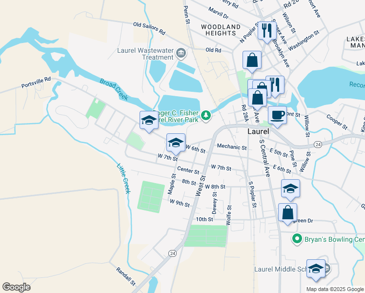 map of restaurants, bars, coffee shops, grocery stores, and more near 1010 West 6th Street in Laurel