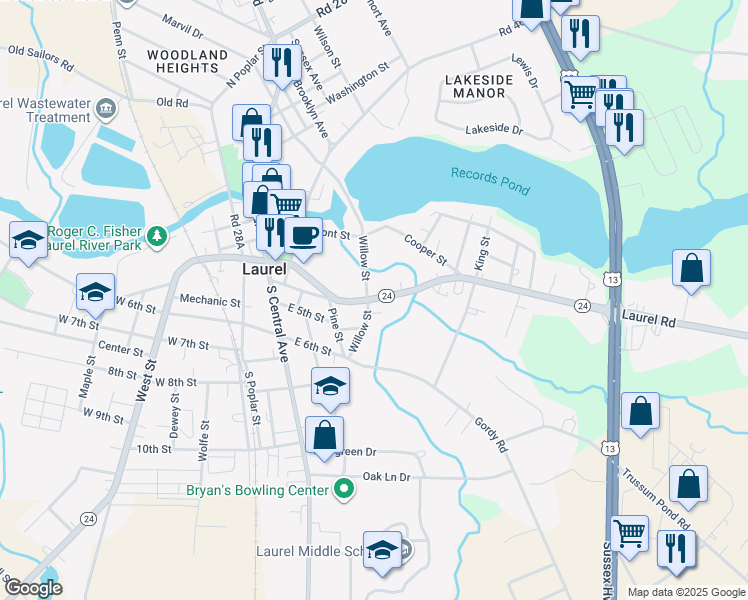 map of restaurants, bars, coffee shops, grocery stores, and more near 510 Delaware 24 in Laurel