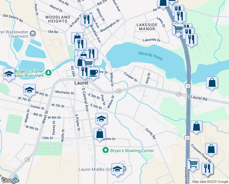 map of restaurants, bars, coffee shops, grocery stores, and more near 509 Delaware 24 in Laurel