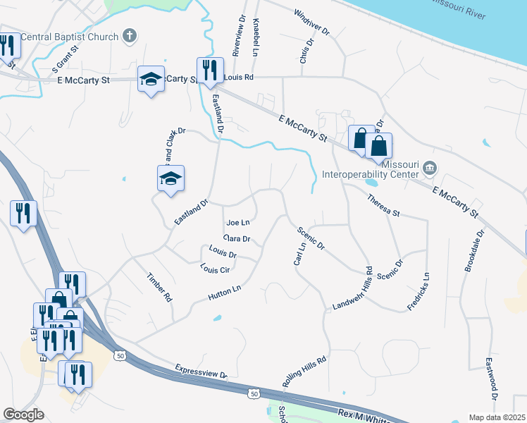 map of restaurants, bars, coffee shops, grocery stores, and more near 304 Joe Lane in Jefferson City