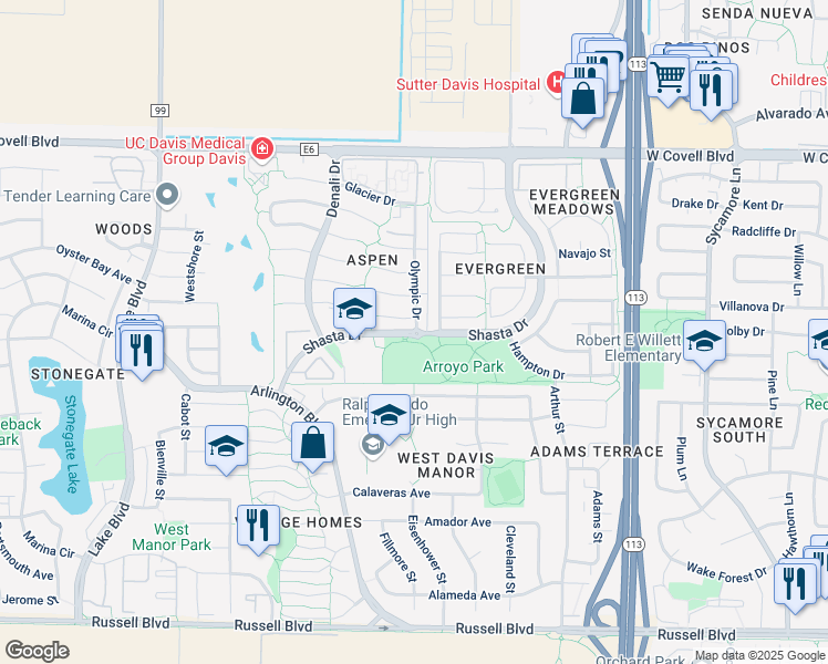 map of restaurants, bars, coffee shops, grocery stores, and more near Shasta Drive in Davis