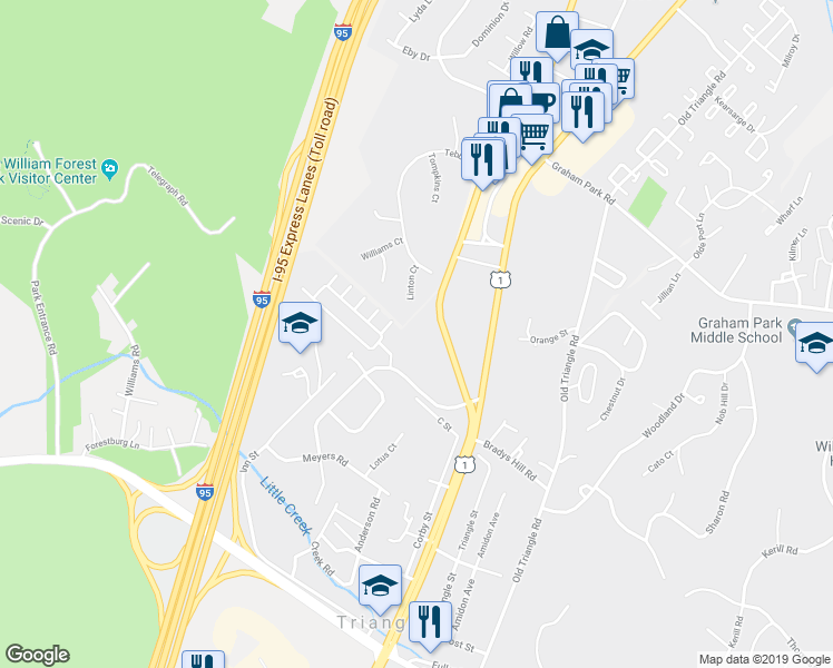 map of restaurants, bars, coffee shops, grocery stores, and more near 18400 Quantico Gateway Drive in Triangle
