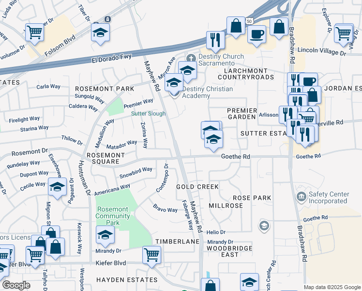 map of restaurants, bars, coffee shops, grocery stores, and more near 3445 Mayhew Road in Sacramento