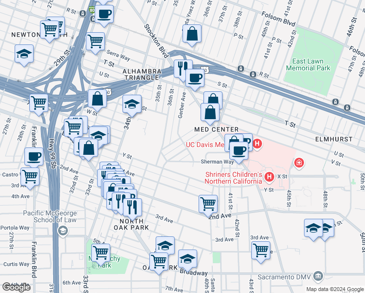 map of restaurants, bars, coffee shops, grocery stores, and more near 3912 Downey Way in Sacramento