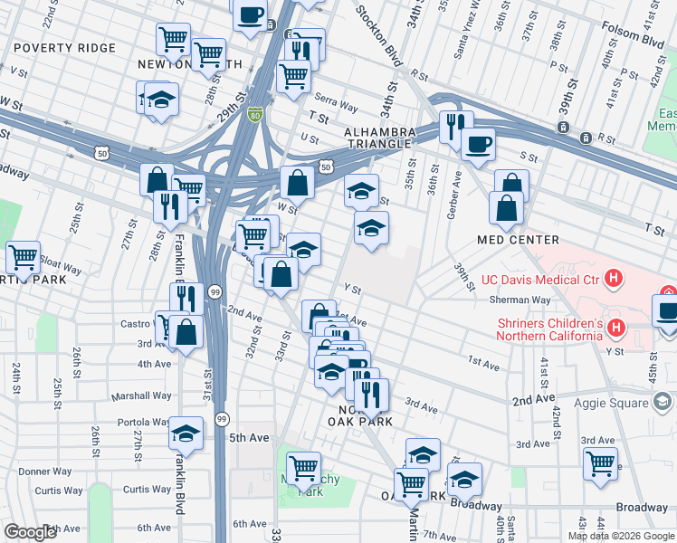 map of restaurants, bars, coffee shops, grocery stores, and more near in Sacramento