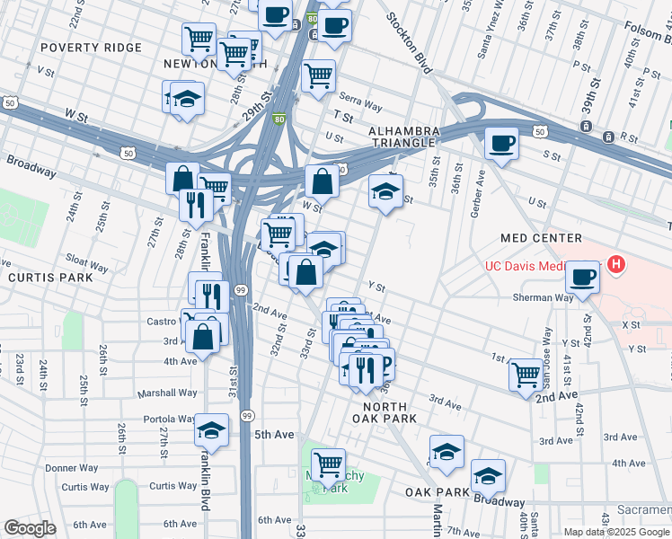 map of restaurants, bars, coffee shops, grocery stores, and more near 2426 33rd Street in Sacramento