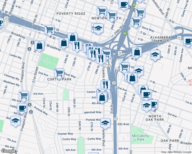 map of restaurants, bars, coffee shops, grocery stores, and more near 2604 28th Street in Sacramento