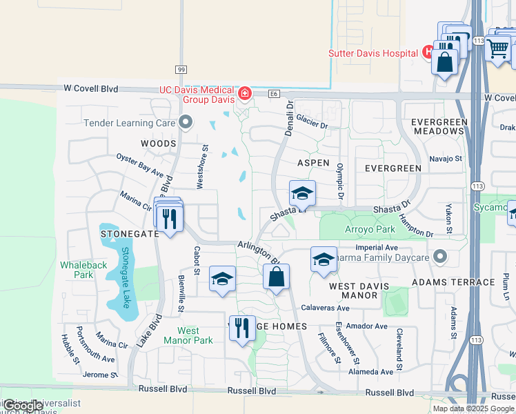 map of restaurants, bars, coffee shops, grocery stores, and more near 2350 Muir Woods Place in Davis